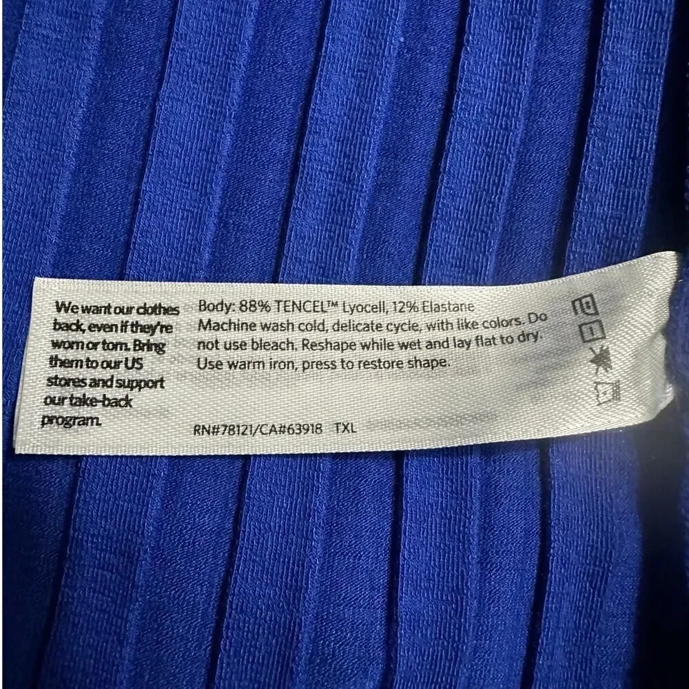 Eileen Fisher High-Low Dress Women's Large Blue Wide Rib Stretch Mock Neck
